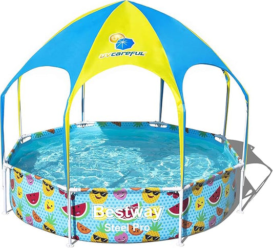 H2OGO! Kids Splash-in-Shade 8-Foot Round Steel Frame Above Ground Pool with Water Mister and Canopy Sunshade, Green Tropical Leaf Print