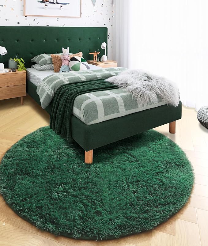 Amdrebio Dark Green Round Rug 4Ft for Bedroom, Fluffy Fuzzy Circle Area Rugs for Living Room Decor, Shaggy Emerald Green Rugs for Kids, Teen Boys, Baby Nursery, Furry Plush Floor Carpet for Classroom