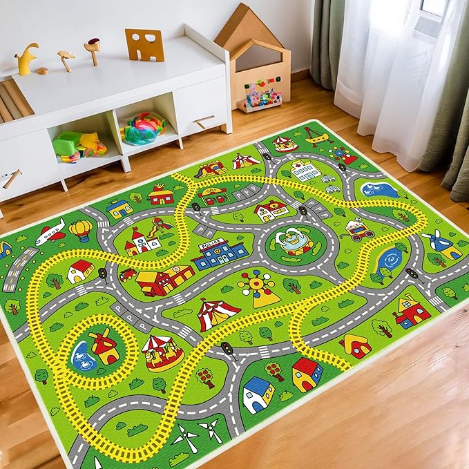 Kids Carpet Car Rug Play Mat for Kids Cars, 5x8 Ft Educational Road Traffic Carpet Multi Color Play Mat, City Life Nursery Car Rug for Toddlers Bedroom Kids Room
