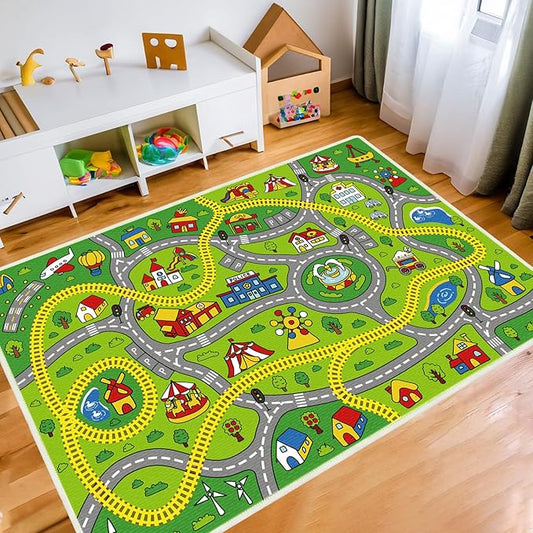 Kids Carpet Car Rug Play Mat for Kids Cars, 5x8 Ft Educational Road Traffic Carpet Multi Color Play Mat, City Life Nursery Car Rug for Toddlers Bedroom Kids Room