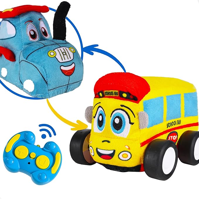 iPlay, iLearn Toddler Soft Car Toy 1-3, Baby Remote Control School Bus Tractor Truck Toy 2 Year Old Boy, 2-IN-1 RC Plush Vehicle Play Set, Infant First Birthday Gift 18 24 Month 2 3 4 5 Year Girl Kids