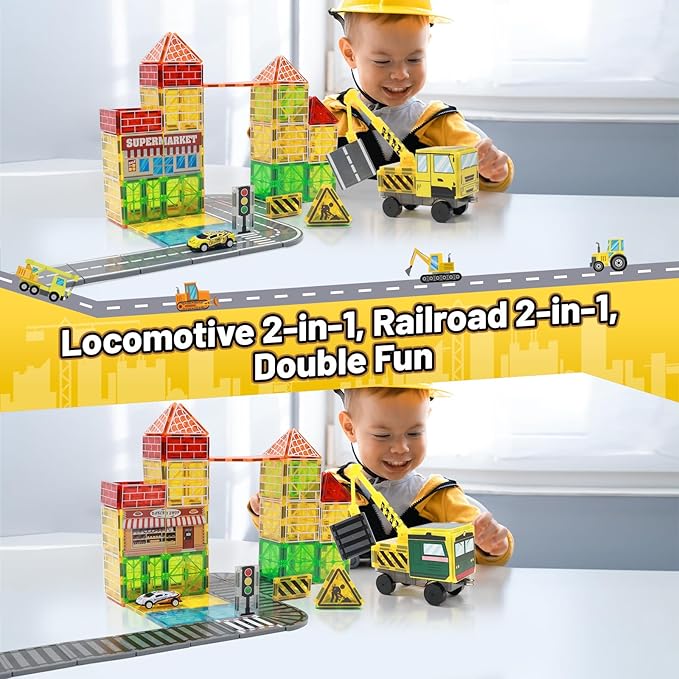 70Pcs Magnetic Tiles Magnetic Building Blocks, Building Toys for Kids Ages 3-5 4-8 8-12 Toddlers STEM Preschool Toy Boys Toys, City Construction Toys Set with 2 Cranes Train Tracks Road Car