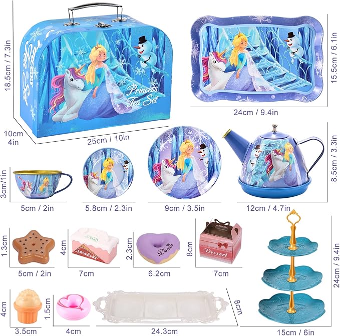Golray Tea Party Set for Little Girls Toys, 49Pcs Kid Tin Tea Set & Luxury Food Playset & Carry Case, Kitchen Pretend Play Toy 3-5 Years Toddler Girls Birthday Gift