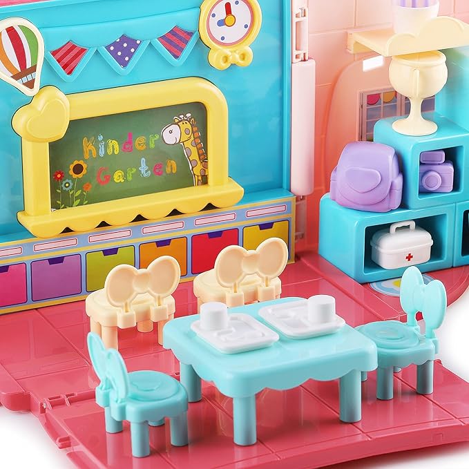 iPlay, iLearn Backpack Dollhouse Playset for Girls 3-5, Kids Pretend Play Doll House Set W/ Portable Backpack, Dolls, School Accessories, Birthday Gifts for 4 5 6 Year Olds Children Toddlers