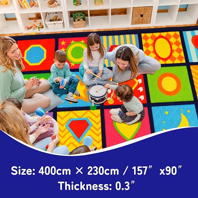 Classroom Carpets Kid Rug 7.7'×13.3', Extra Large 24-Seat Shape Rug for Kindergarten Primary School, Preschool Mat for Classroom Learning Area, Nylon Non-Slip Latex Backing 157"×91"