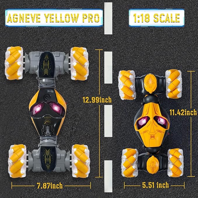 RC Cars Gesture Remote Control Car with Light Music 1:12 Hand Controlled Rc Car 2.4GHz 4WD Rc Stunt Car Gesture Sensing Double Sided 360° Rotation Off-Road Vehicle for Boys Girls(Yellow,Pro)