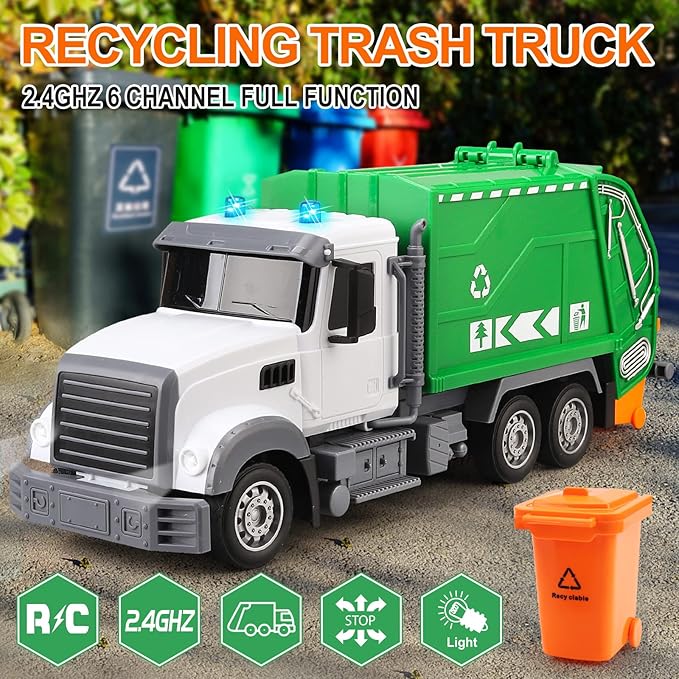 1:24 Scale Remote Control Garbage Truck Toys, 6 Channel RC Waste Management Garbage Truck, 2.4Ghz Recycling Trash Truck Toys with Two Rechargeable Batteries for Boys Kids, 15"