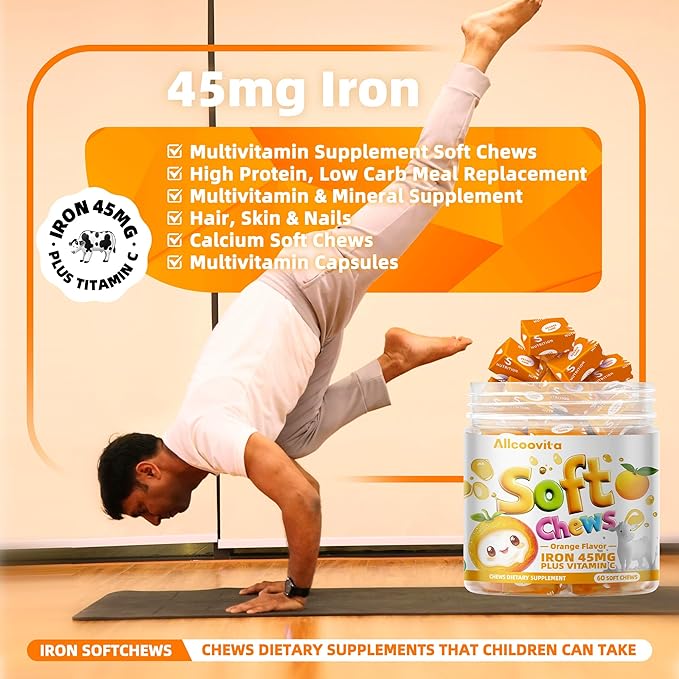 Iron Soft Chews Supplement with Vitamin C | Orange Flavored | Gluten Free | Iron Supplement for Women Men and Kids | 60 Count | 2 Month Supply