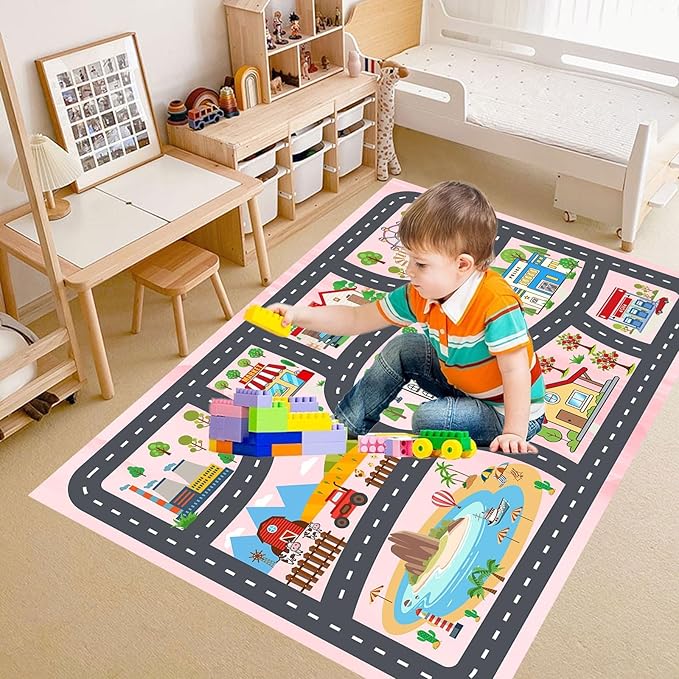 Kids Rug Car Rugs Playmat Carpet for Kids Toy Cars for Playroom Classroom Kids Room, Educational Area Rugs Road Traffic Floor Rug Play Mats, Ideal Gift for Nursery Children Boy Girl 4'x6'