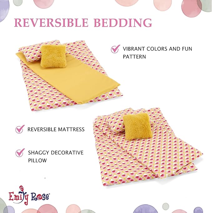 Emily Rose 18" Pink Fabric Bed Bedroom Set with Bedding, Nightstand, Clothes Storage Bins, Working Lamp & Alarm Clock | 14-18 inch Doll Wooden Furniture Gift Set for Little Girls Kids