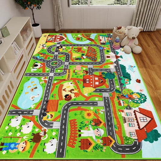 Kids Rug Play Mat for Toy Cars, 59"×78.7" Farm Life Road Traffic for Playroom Kids Car Road Rugs Village Map Play Mat Non-Slip Washable Play Rug for Toddler Room Family Tummy Time Playtime