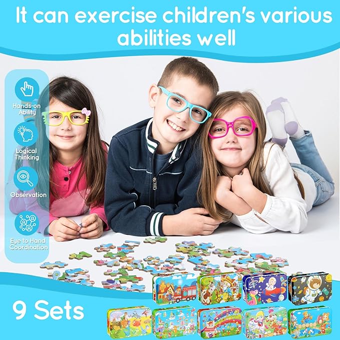 Libima 9 Boxes Party Favors Jigsaw Puzzles in a Metal Box for Age of 4-8 Wooden Puzzle for Ages 4-8 Boys and Girls Learning Educational Toys 9 Styles(Cool Style)