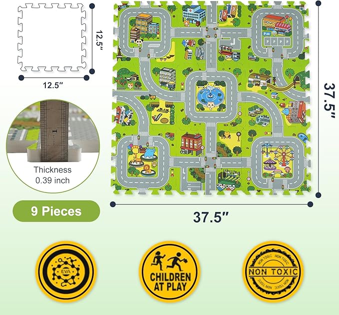 Skyweaver Traffic Play mat Puzzle Foam Interlocking Tiles – Kids Road Traffic Play Rug - Children Educational Playmat Rug - Great for Playing with Toy Cars Trucks (9Pcs)