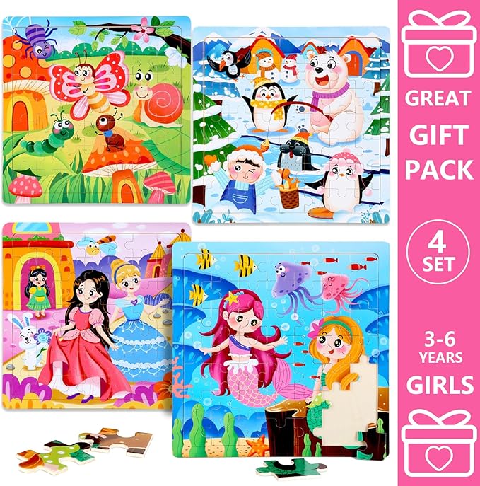 4SET Puzzles for Kids Ages 4-6 - 48 Pcs Wooden Realistic Montessori Toddler Puzzles Ages 3-5 - Princess Mermaid Insect Learning Games for Boys and Girls 4-8 Year Olds