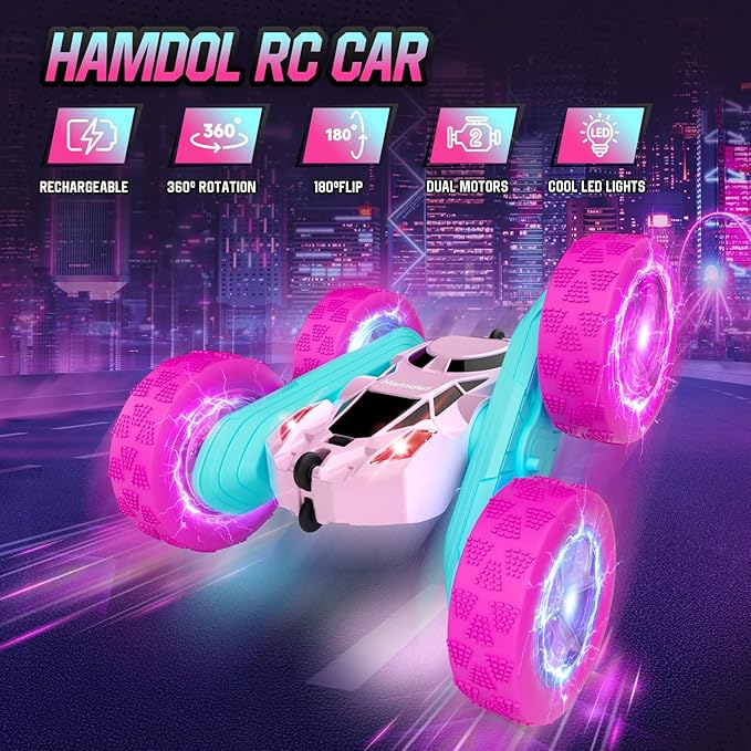 Pink Remote Control Car for Girls 6-12 Year Old Double Sided 360°Rotating 4WD Rechargeable RC Cars Race Stunt Toy Car for Kids Birthday
