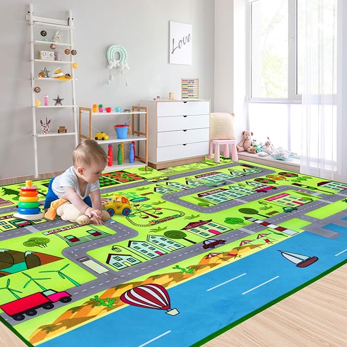 Large Kids Carpet Play Mat Rug for Playroom, 60'' x 84'’ Car Rugs Mat for Kids Toy Cars, City Life with Road Traffic Playmat Rugs Great for Kids Bedroom Play Room Boy Room Decor, Green