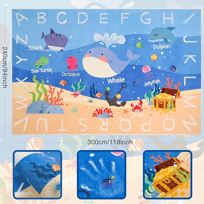 Kids Rugs for Playroom, 118.1"X94.4", ABC Alphabet Whale Kids Rug, Non-Slip, Washable, Educational