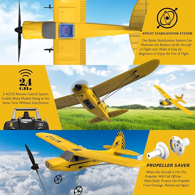 28℃ RC Plane 3 Channel Remote Control Airplane Trainer Sport Cub S2 with Propeller Saver&Xpilot Stabilization System,One-Key U-Turn Easy to Fly for Beginners, Kids, Adults, Yellow (761-14 RTF)