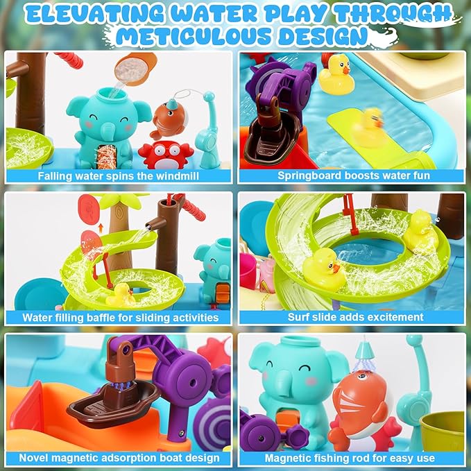 4-in-1 Kitchen Sink Toy with Upgraded Water Slide Track, Magnetic Fishing Game Floating Toys for Water Play, Pretend Play Dishwasher for Kids Toddlers 1-3 3-8 (Blue)