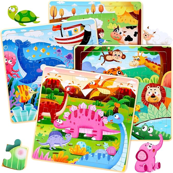 Wooden Puzzles for Kids Ages 2-4 Jigsaw Puzzles for Toddlers 3-5 - Animals Dinosaurs Ocean Farm Learning Travel Games and Travel Toys for 4-8 Year olds Boys and Girls