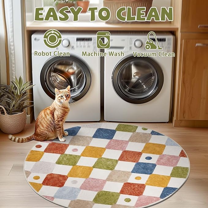 jinchan Round Rug 4ft Kids Washable Rug Colorful Trellis Indoor Floor Cover Non Slip Soft Modern Living Room Diamond Carpet for Nursery Room Bedroom Playroom Circus on Cream