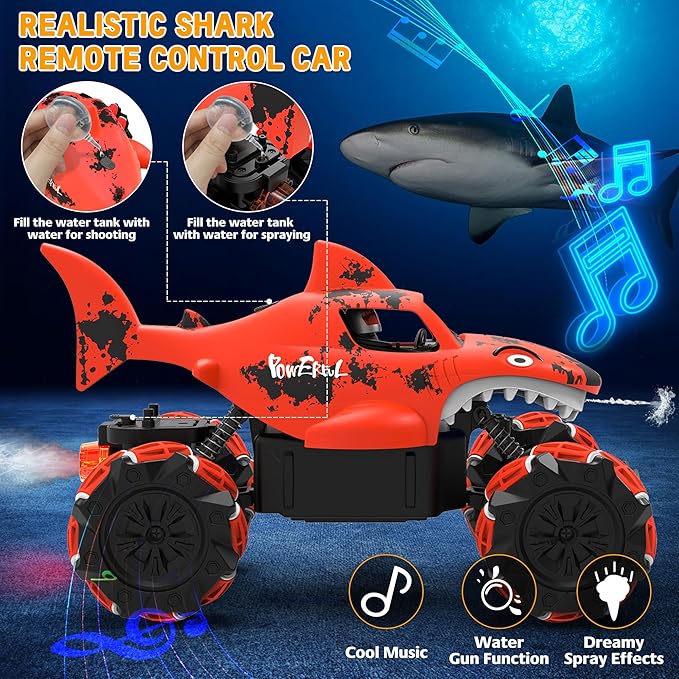 Eulogia Shark Remote Control Car, RC Stunt Car Toy with Water Shooting Spray, Music, 360-degree Rotations Drifting, One-Key Demo Programming Fun Truck Gift for Boys Grils (Red)