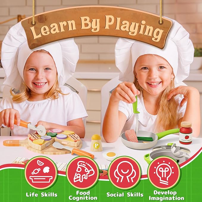 Lehoo Castle Wooden Play Food Sets for Kids Kitchen - Pizza Toy with Pot & Pan, Play Kitchen Accessories, Pretend Cutting Food, Play Dishes & Felt Pasta, Toddler Toys 3-5 Years, Gift for Boys Girls