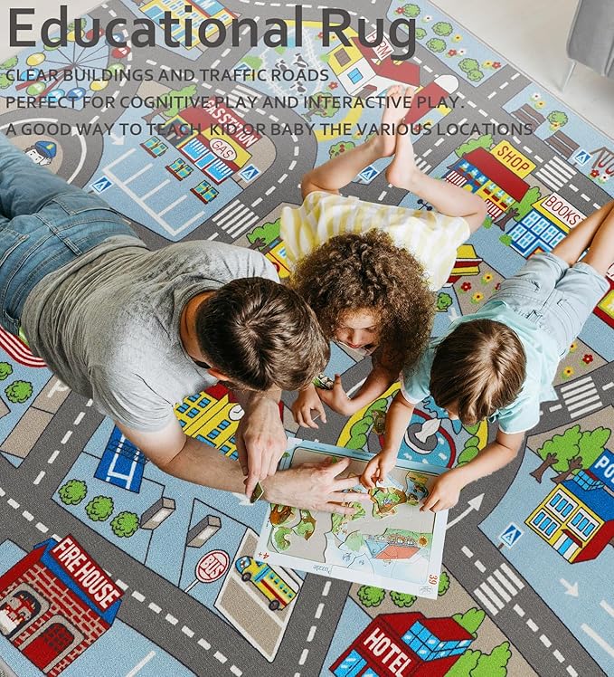 Kids Rug 6'6" x 9'8" City Life Playmat Area Rug Car City Map Washable Traffic Road Educational Learning Nursery Rug Carpet for Children Playroom Living Room Bedroom Classroom Decor Blue