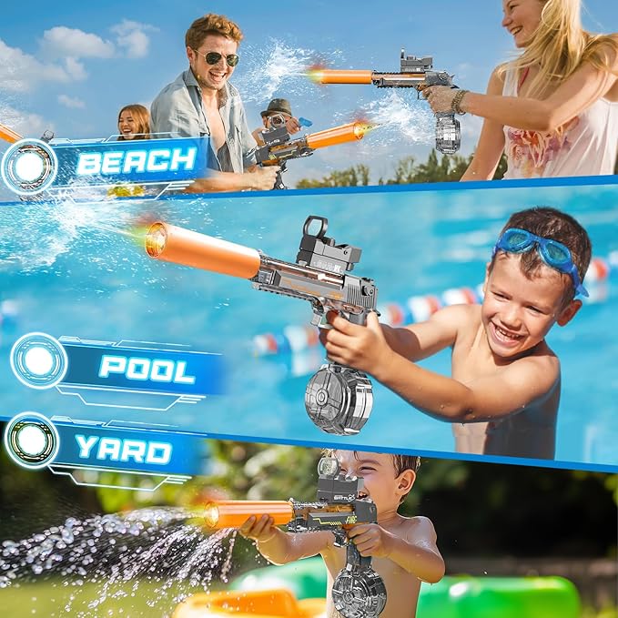 Electric Water Blaster for Kids Ages 4-12: Automatic Water Toy with 32FT Spray Distance High-Capacity Design Ideal for Pool Parties, Beach, Backyard & Summer Outdoor Play, Grey