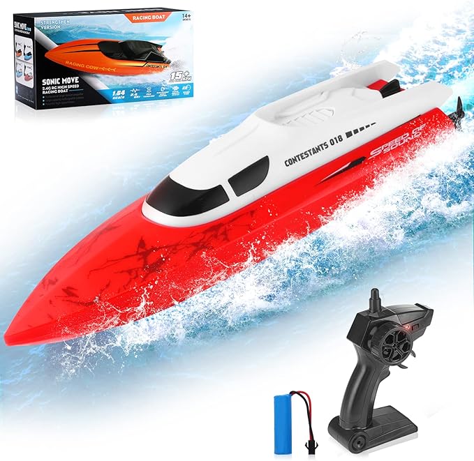RC Boat for Adults Kids Remote Control Boat for Boys 2.4GHz High Speed Boat for Pools and Lakes, Rechargeable Boat Batteries, Summer Outdoor Water Play Toys Birthday Gift for Boys Girls-Red