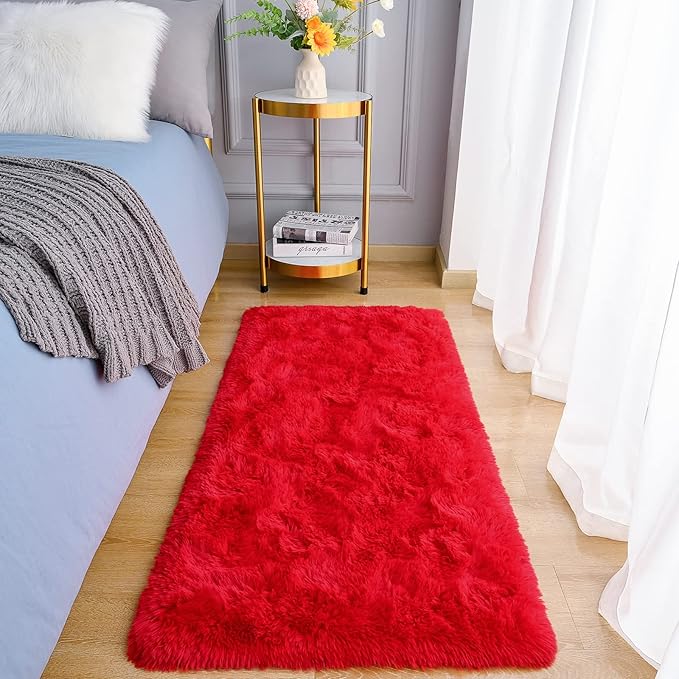 Amearea Shag Fluffy Small Rug, 2x4 Feet Throw Rugs for Bedroom Girls Living Room, Extra Soft and Fuzzy Shaggy Carpet, Non Slip, Solid Color Nursery Home Floor Decor Carpets, Red