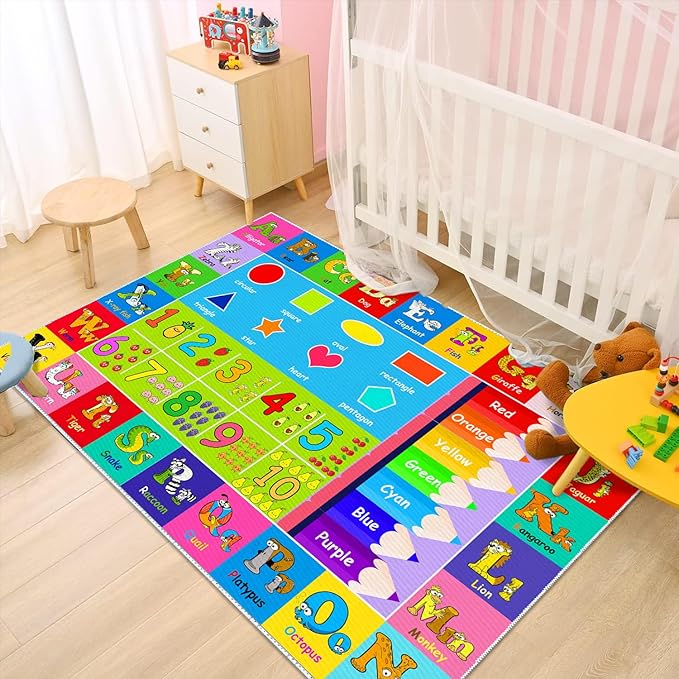 Kids Alphabet Play Game Rug - 2' 7" x 4' ABC Numbers and Shapes Educational Learning Toddler Carpet - Kids Room Playroom Classroom Kindergarten Activity Fun Soft Non-Slip Mat