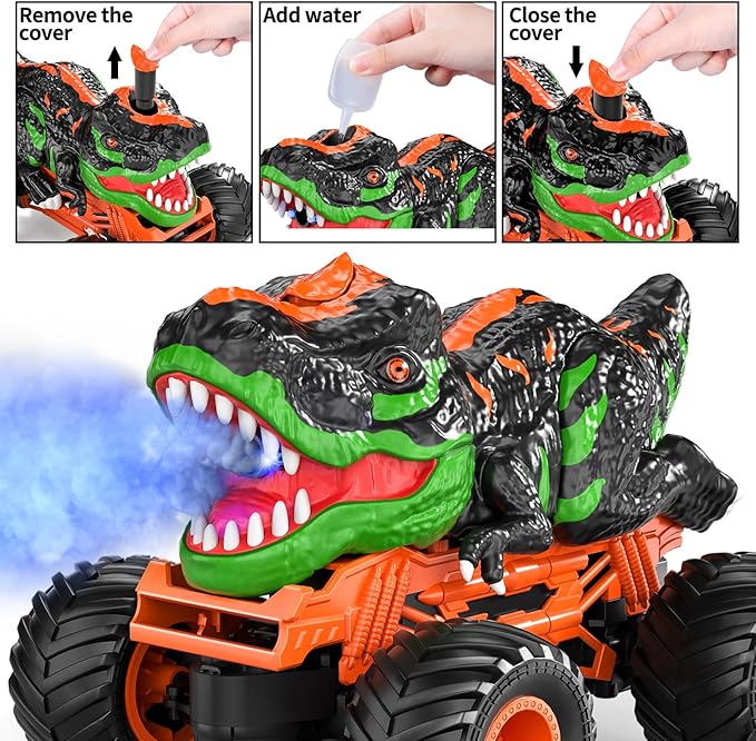 TEMI Remote Control T-rex Truck for Kids 3-5 Years, 1:24 Scale Monster Truck with Roar, Light and Mist Spray, High Speed Off Road Dinosaur Truck with Rechargeable Battery, Gift for Boys 3+