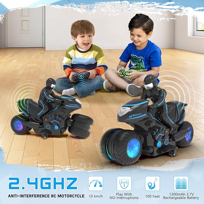 RC Motorcycle, Remote Control Motorcycle with RGB Wheels Lights - 360-degree Rotations, Drifts, High-Speed, RC Car Dirt Bike Toy for Boys 4-7 8-12 Years Kids