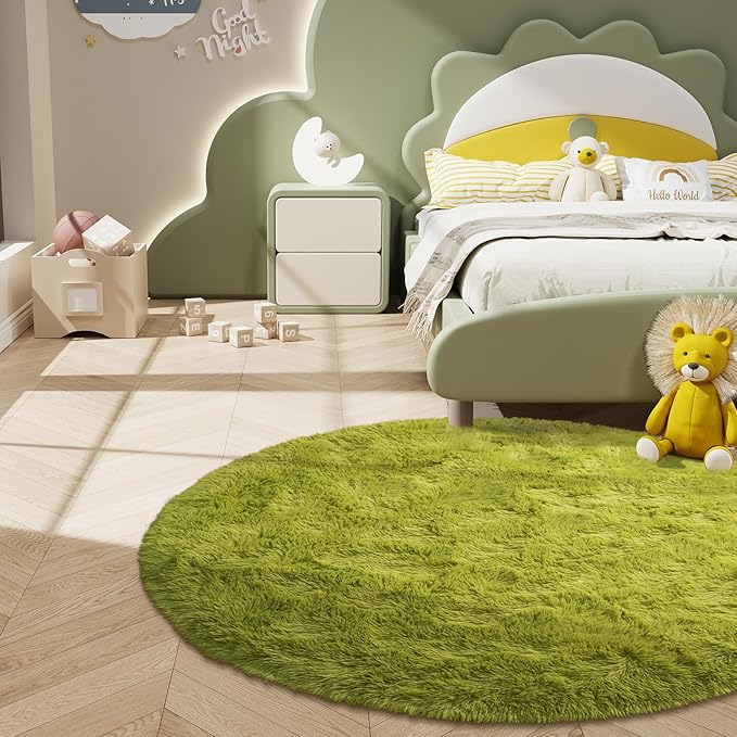 LOCHAS Luxury Round Fluffy Area Rugs for Bedroom Kids Girls Room Nursery, Super Soft Circle Rug, Cute Shaggy Carpet for Children Living Room, 5x5 Feet Green