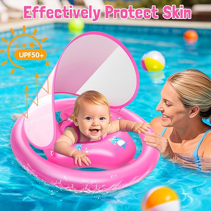 ZIZZ Baby Pool Float with Canopy - 2025 New Inflatable Baby Swim Float with UPF50+Sun Protection, Baby Infant Pool Float with Toy Play Console Adjustable Seat for Toddler Kids Aged 6-36 Months
