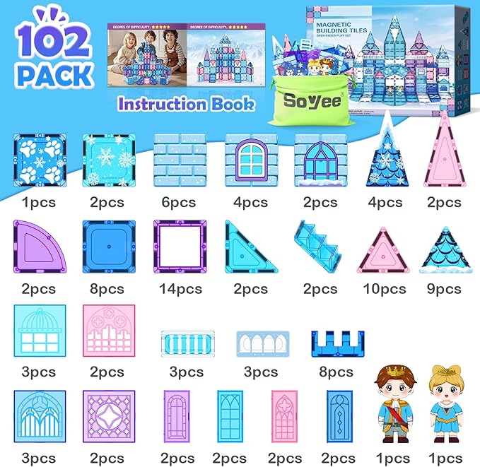 Magnetic Tiles 102pcs Princess Kids Toys Magnetic Building Blocks 3 4 5 6 7 8 Year Old Girl Gifts Girls Toys Age 4-5 6-8 9-12