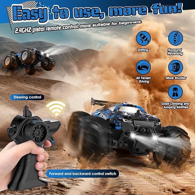 Remote Control Car, All-Terrain Remote Control Truck for Boys, Rechargeable Rc Truck with LED, 1:20, 10KM/H, 2 Motors, 2.4GHZ, Speed Friendly, Sturdy, Rc Cars for Christmas, Kids, Beginner
