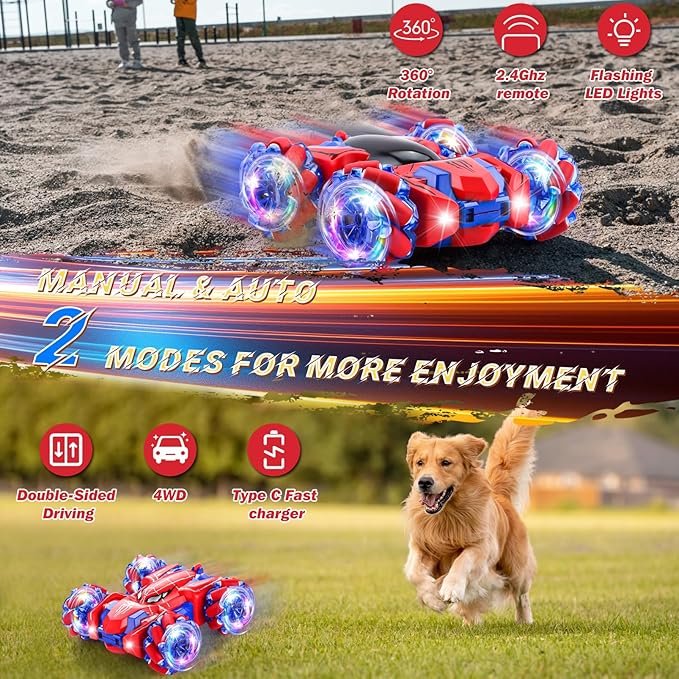 Spider Remote Control Car, 2.4Ghz RC Cars with Headlight Double Sided Off-Road 360° Rotating Rechargeable 4WD RC Stunt Car Indoor Outdoor Spider Toys for Boys 4-6 5-7 8-13