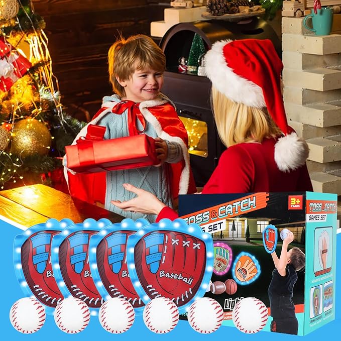 Toss and Catch Baseball Toy Set with 4 LED Light-Up Gloves 6 Soft Baseball, Fun Sticky Ball Catch Games for Kids Ages 3-12, Beginner Baseball Training, Indoor/Outdoor Sports Toy Gifts for Boys & Girls