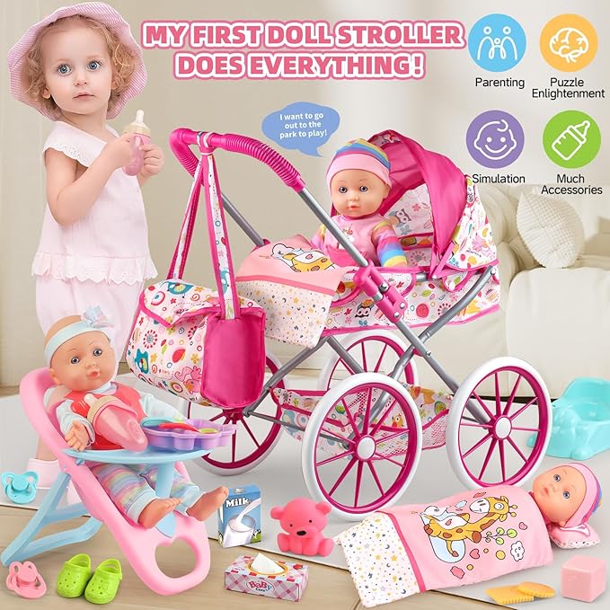 Baby Doll Stroller Toys Set with 12.5" Baby Doll,Dining Chair,Quilt Pillow,24 PCS Baby Doll Accessories and 2 Sets Doll Clothes,Baby Stroller Toys for Girls Toddlers 3-5 4-6 5-7 Gifts for Pretend Play