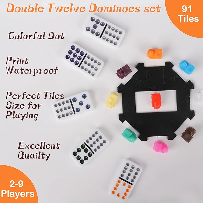 Smilejoy Mexican Train Dominoes Set with Colorful Dot- Double 12 Dominos Set for Adults-Classical Board Game for Elderly, 4 Wooden Rack,91 Tiles, 9 Plastic Trains, Octagon Hub (2-8 Player)