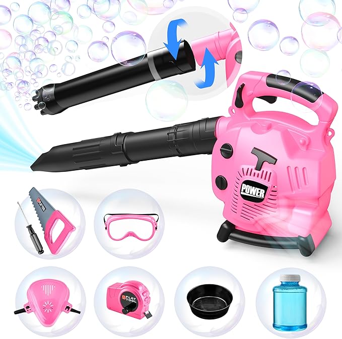 Bubble Leaf Blower for Toddlers - Upgrade Pink Kids Bubble Machine with Gardening Tool Set, 2 in 1 with Extra Bubble Blower Kit Outdoor Play Toys, Birthday Party Gifts for Boys Girls Age 3 4 5+ Years