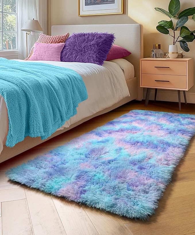 PAGISOFE Furry Rainbow Rugs for Bedroom Girls, 2x4 Soft Purple Shag Tent Rugs for Livingroom, Bedside, Kids Room, Nursery, Home Decor, Fluffy Fuzzy Carpet Plush Mermaid Kawaii Throw Rug Pink Rug