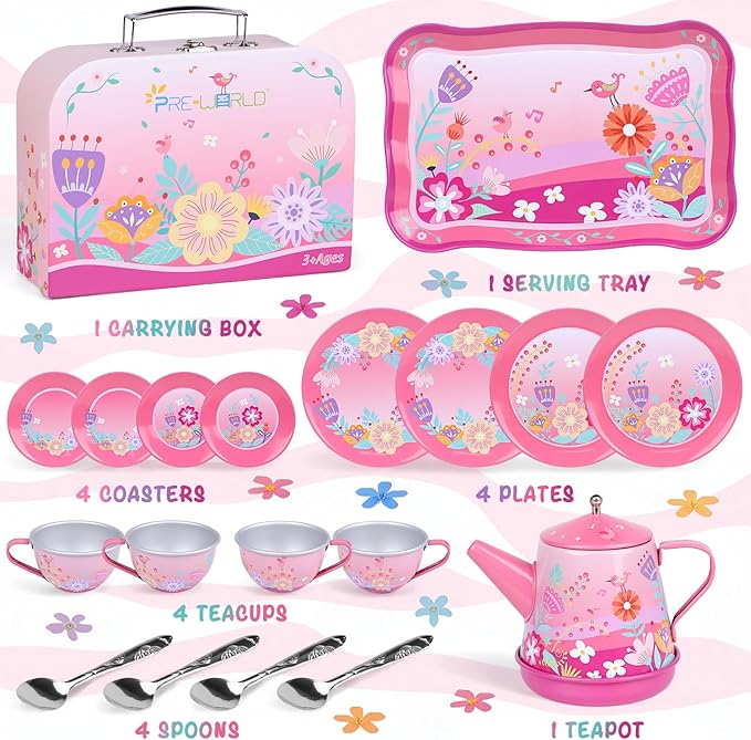 Tea Party Set for Toddles 3-5,PRE-WORLD Musical Kids Tea Set for Little Girls with Dessert,Cookies,Doughnut,Cake,Cake Stand,Tablecloth & Carrying Case,Kitchen Pretend Play Toys for Girls Boys Age 3-6