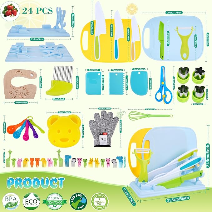FCSONU 24 Pcs Montessori Kitchen Toys for Toddlers, Kids Kitchen Knife Set with Holder, Kids Cooking Sets Real with Knife Block & Plastic Kid Safe Knives Set & Cutting Board, Boy Girls Birthday Gifts