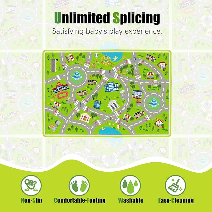 Kids Carpet Car Tack Rug Great for Kids Enjoy City Life- Play Learn Safely and Non Slip- Children Educational Road Rug Traffic Play Mat for Nursery Playroom Classroom（Greem01, 7'10" x 5'3"