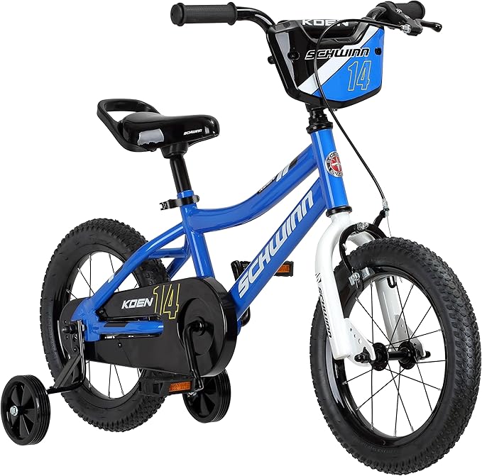 Schwinn Koen BMX Style Toddler and Kids Bike, For Girls and Boys, 14-Inch Wheels, With Saddle Handle, Training Wheels, Chain Guard, and Number Plate, Recommended Height 36-40 Inch, Blue