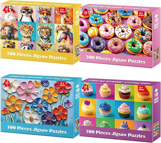 100 Piece Animal Portraits and Donuts Puzzles for Kids Ages 4-10 - Large Educational Jigsaw Puzzles for Seniors - 4-Pack