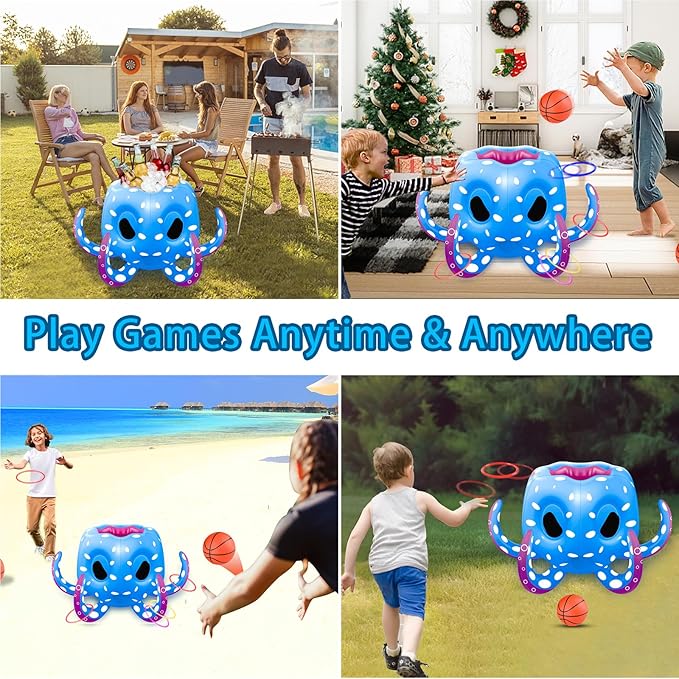 Octopus Pool Toys for Kids Ages 4-8, 2-in-1 Inflatable Float Water Games Toys with Basketball Hoop & Ring Toss, Outdoor Backyard Beach Swim Play, Cool Summer Family Party Supplies Gift Boys Girls